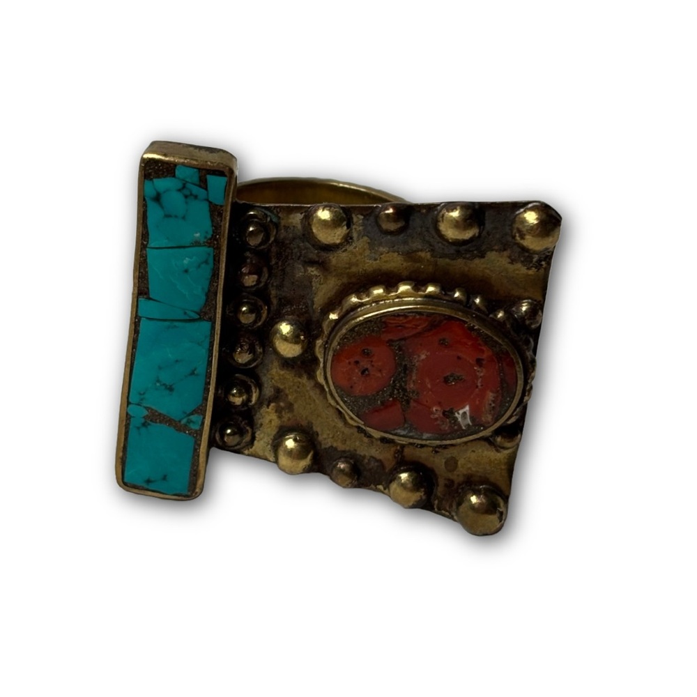 Brass Statement Ring with Turquoise and Coral Inlay